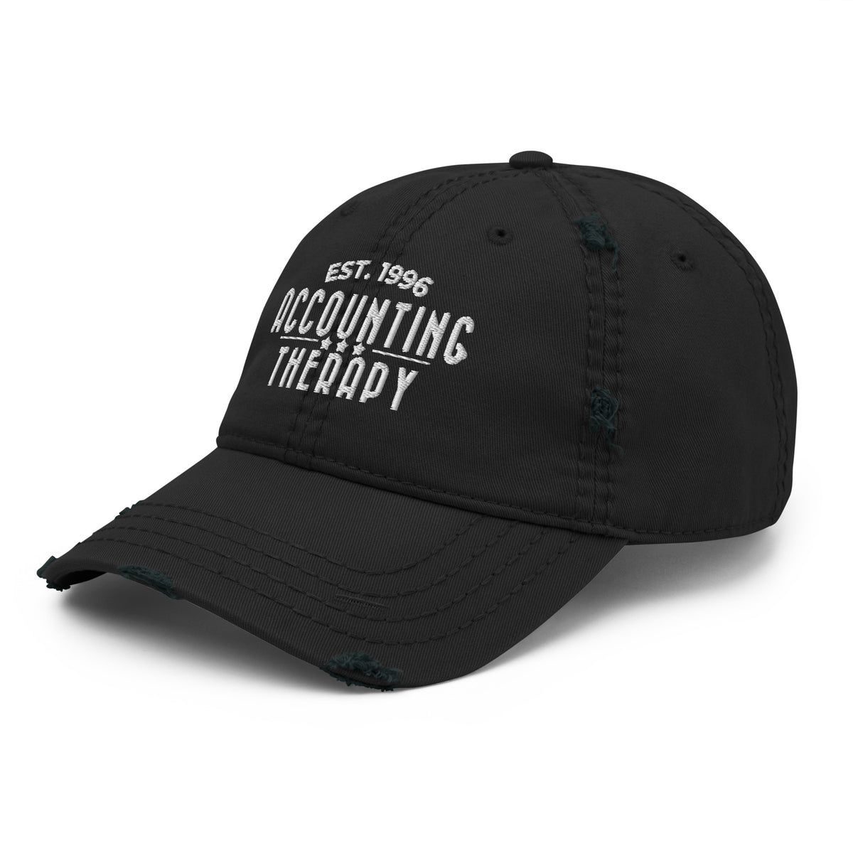 Product mockup - Side view of a black distressed dad hat showing a vintage-style baseball cap with curved brim and unstructured fit