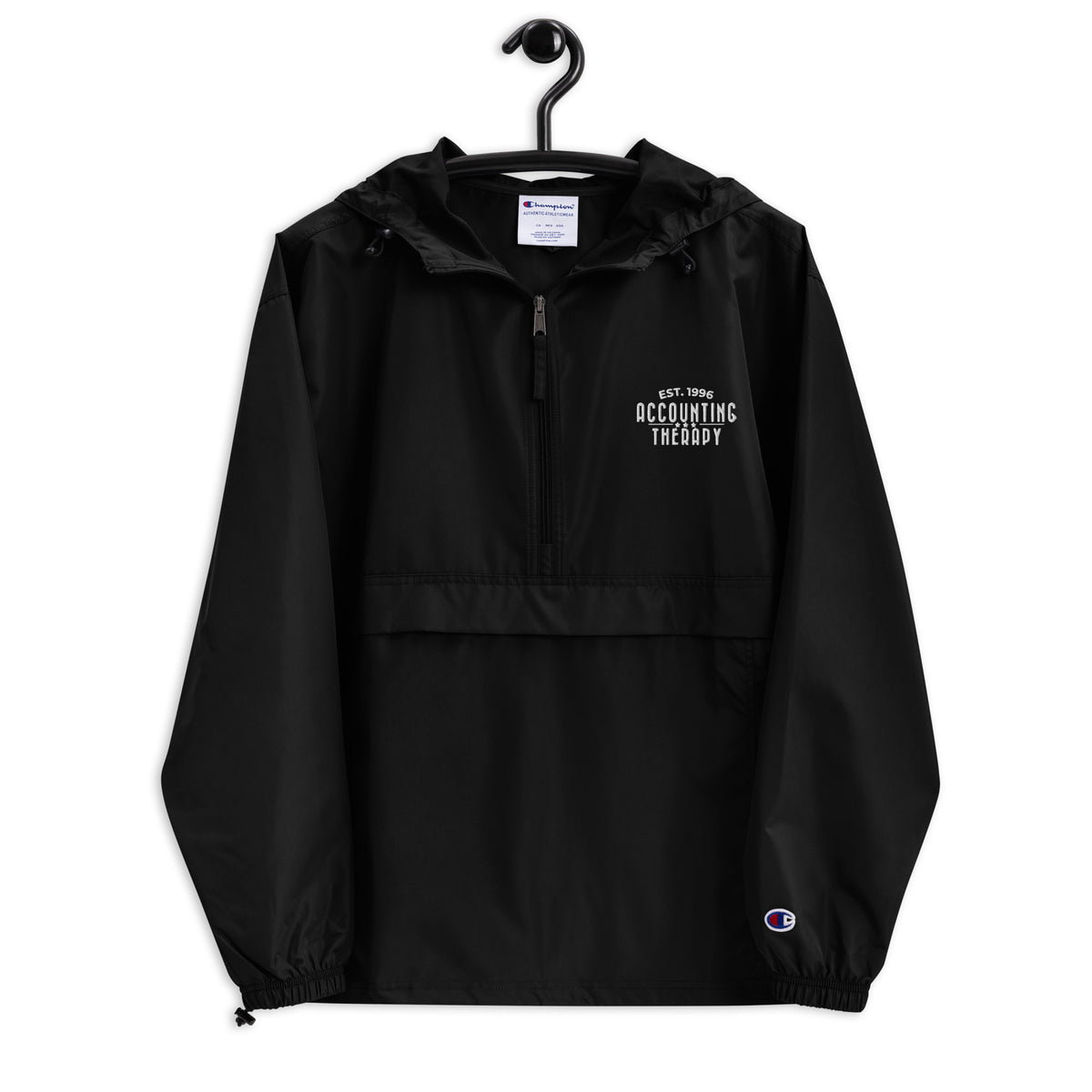 Product mockup - Front view of a black embroidered Champion packable jacket showing a lightweight hooded pullover with half-zip and front pocket