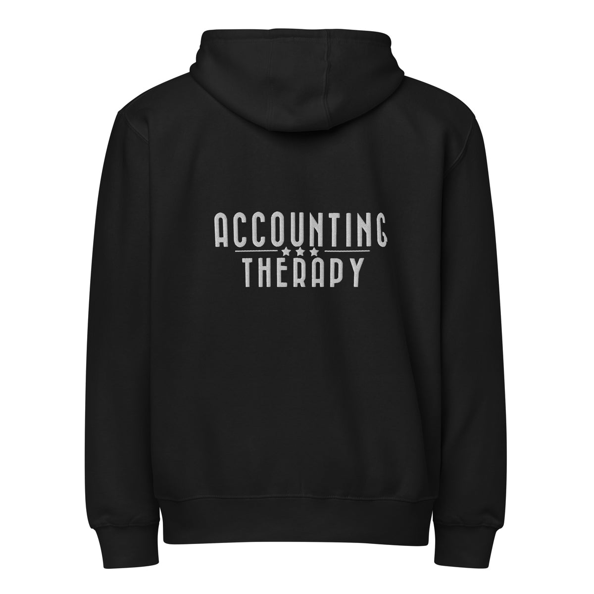 Product mockup - Back view of a black unisex full zip hoodie showing a relaxed fit hooded sweatshirt with long sleeves and ribbed hem