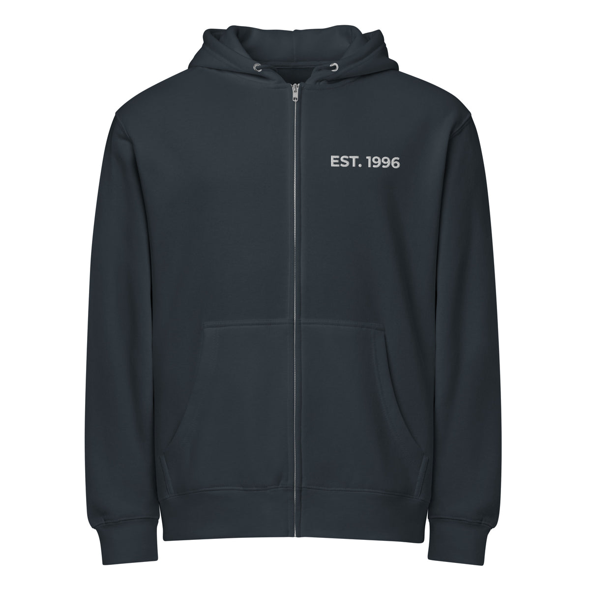 Product mockup - Front view of a Navy unisex full zip hoodie showing a relaxed fit hooded sweatshirt with long sleeves and ribbed hem