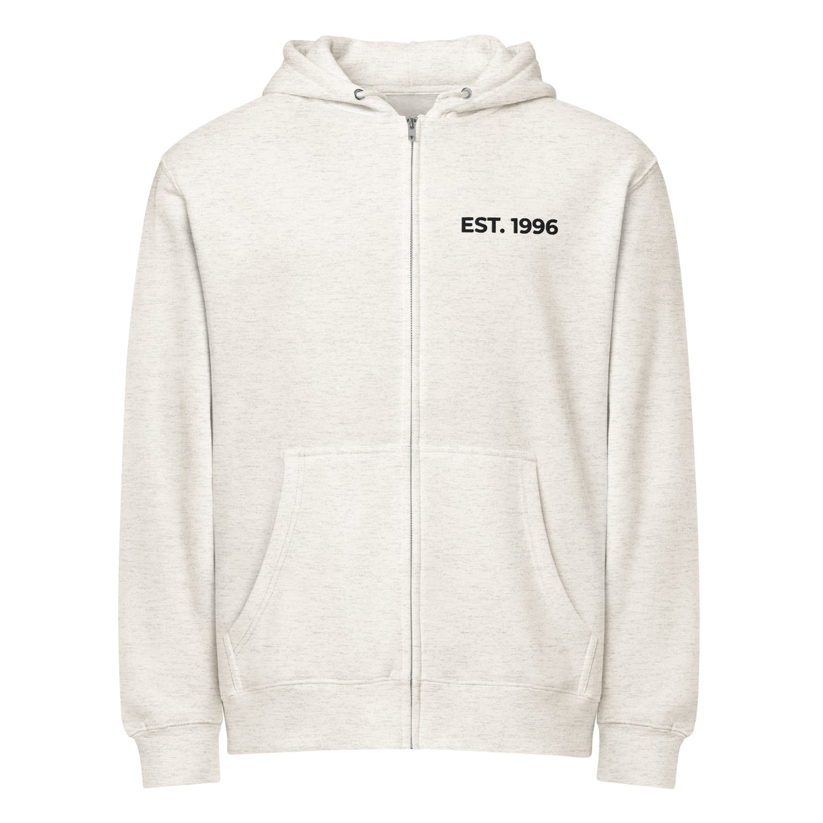 Product mockup - Product mockup - Front view of a oatmeal unisex full zip hoodie showing a relaxed fit hooded sweatshirt with long sleeves and ribbed hem