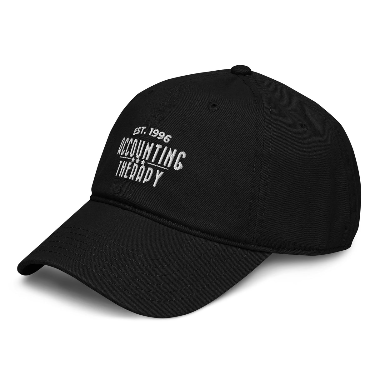 Product mockup - Right-front view of a black OTTO cap showing a low-profile unstructured baseball hat with curved brim