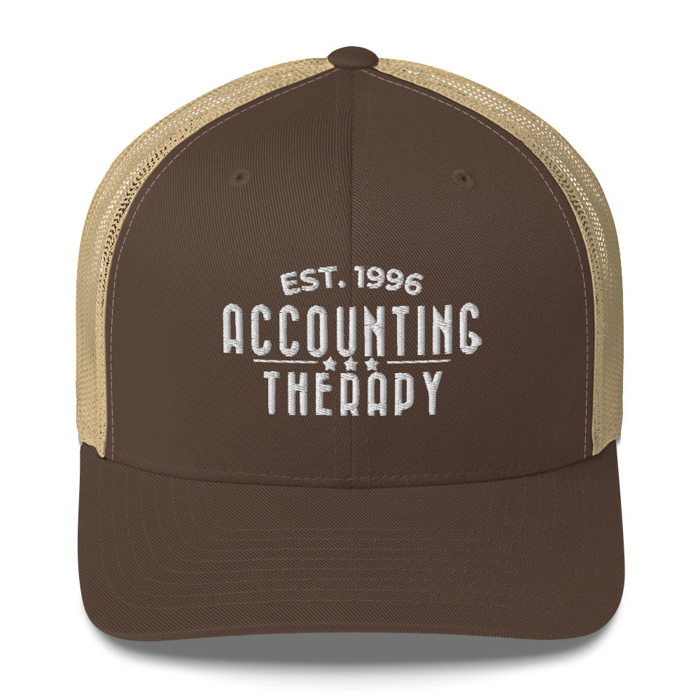 Product mockup -Front view of a retro trucker hat in brown with mesh back panels and a structured front