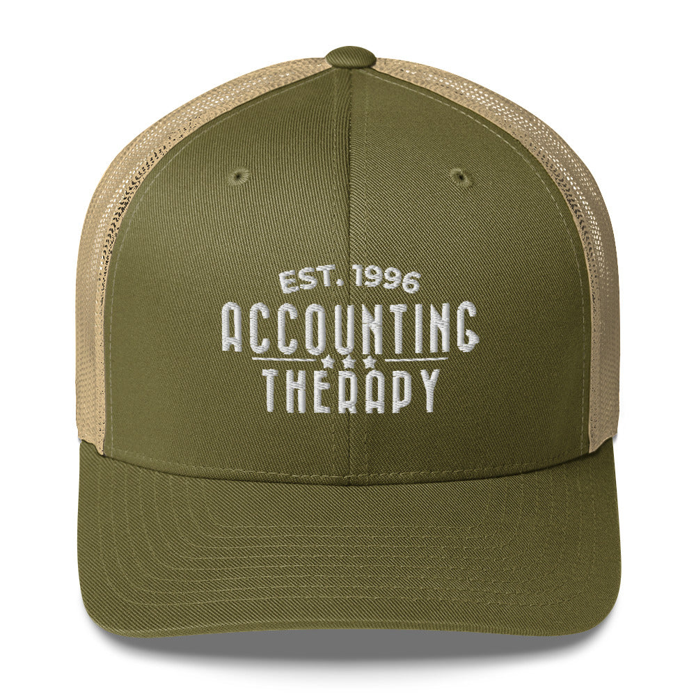 Product mockup -Front view of a retro trucker hat in green with mesh back panels and a structured front