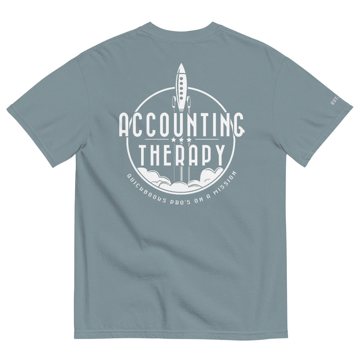 Product mockup - Back view of a ice blue unisex garment-dyed heavyweight t-shirt showing a relaxed fit short sleeve crew neck tee