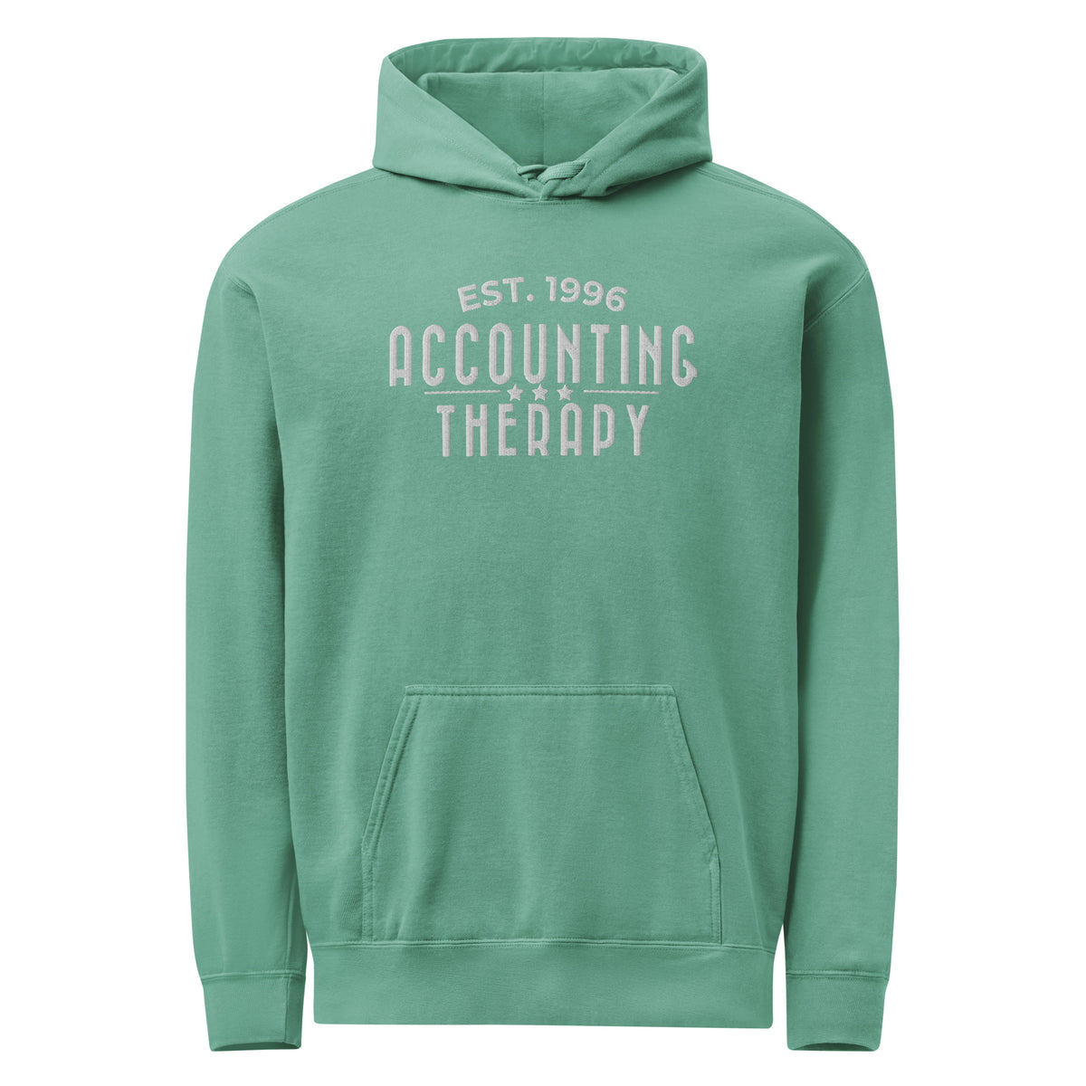 Product mockup - Front view of a seafoam Comfort Colors unisex garment-dyed hooded sweatshirt showing a relaxed fit hoodie with drawstrings and front pouch pocket