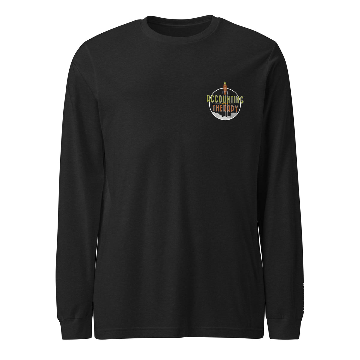 Product mockup - Front view of a military black unisex long sleeve t-shirt showing a classic fit crew neck tee with long sleeves