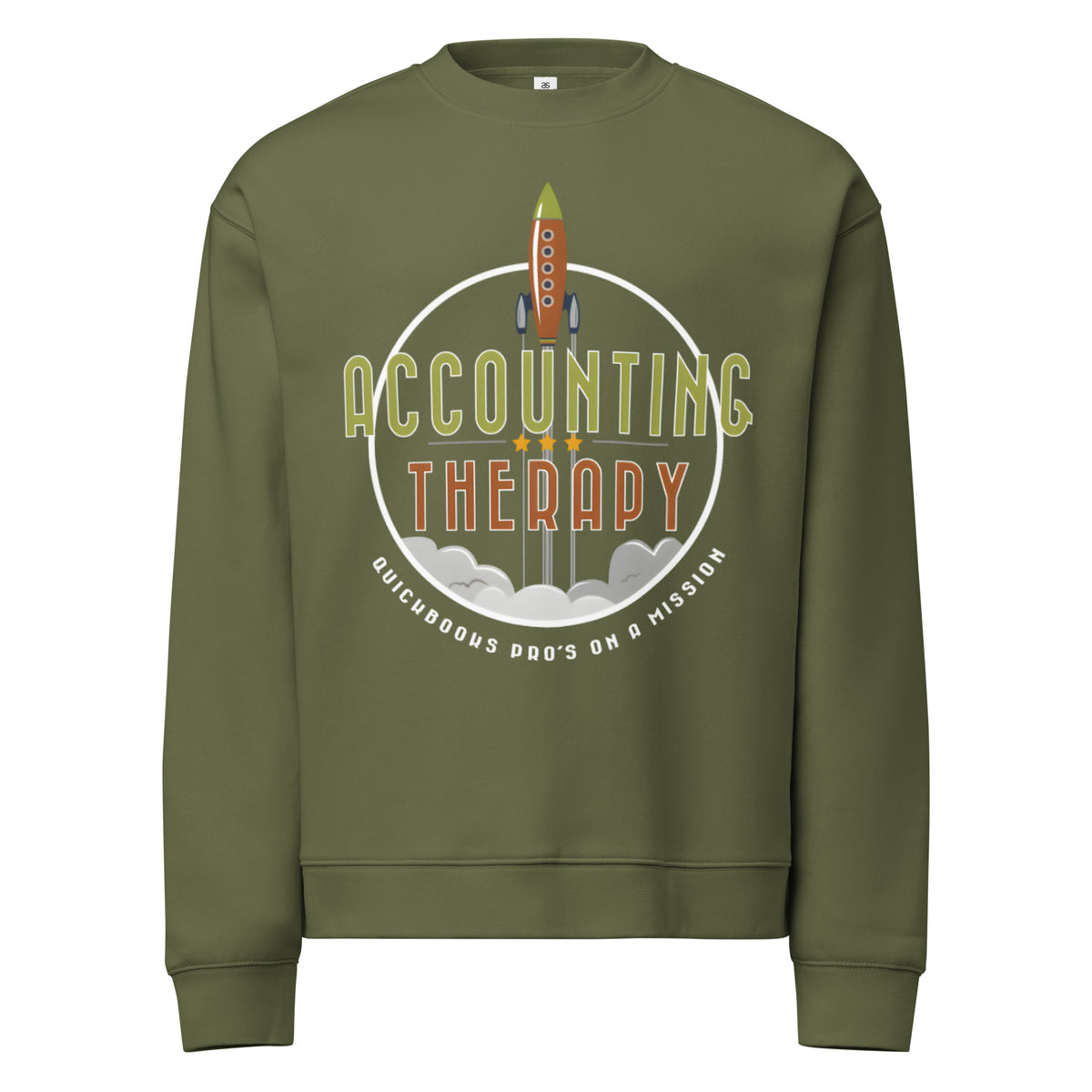 Green sweatshirt with 'Accounting is Therapy' graphic design