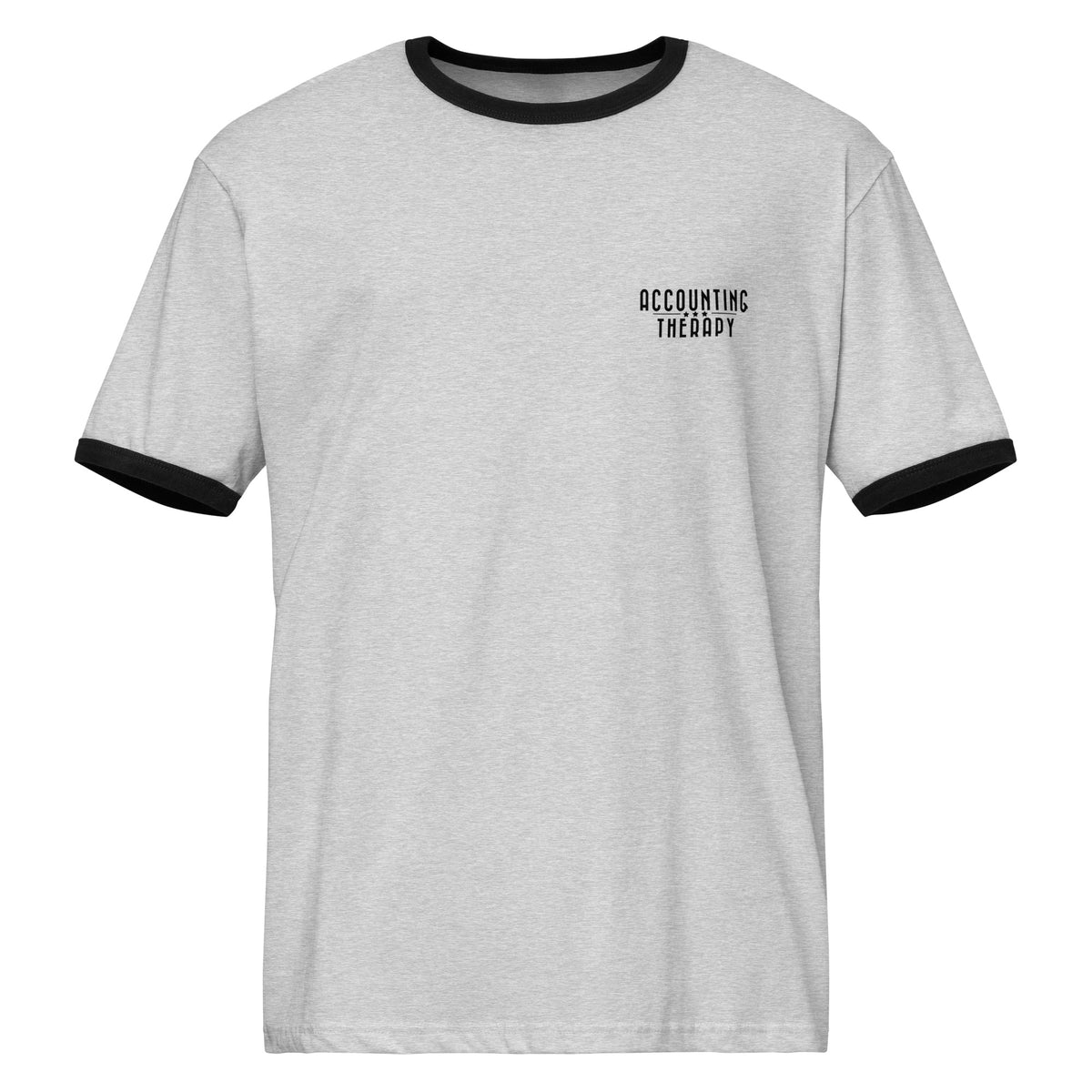 Product mockup - Front view of a grey and black unisex ringer t-shirt showing a crew neck tee with contrasting green collar and sleeve bands