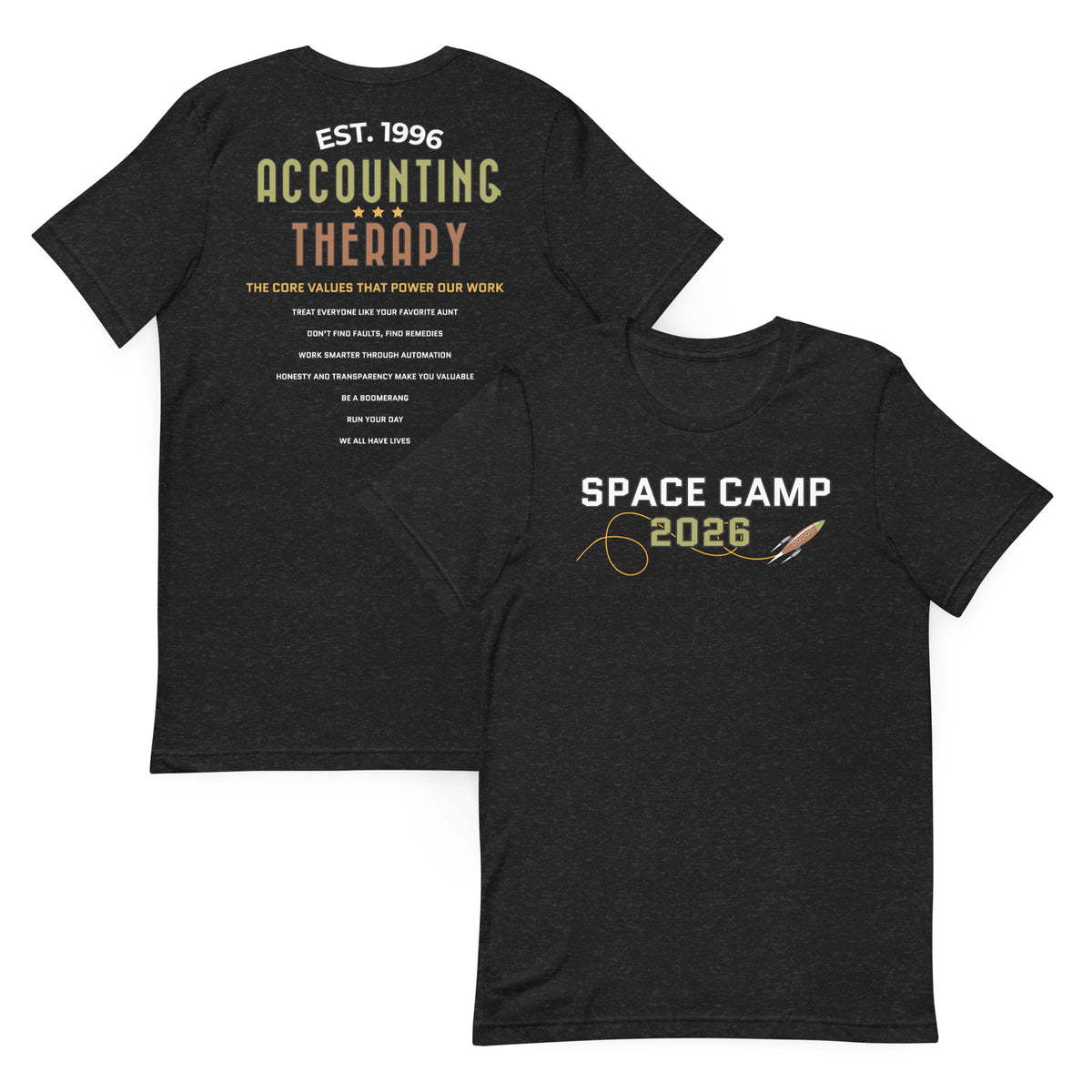 Product mockup - Front and back view of a black heather unisex staple t-shirt showing a classic fit short sleeve crew neck tee with blank design areas