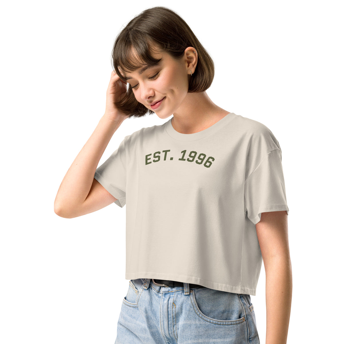 Product mockup - Front view of a bone-colored women’s crop top showing a short length t-shirt with a relaxed fit and short sleeves
