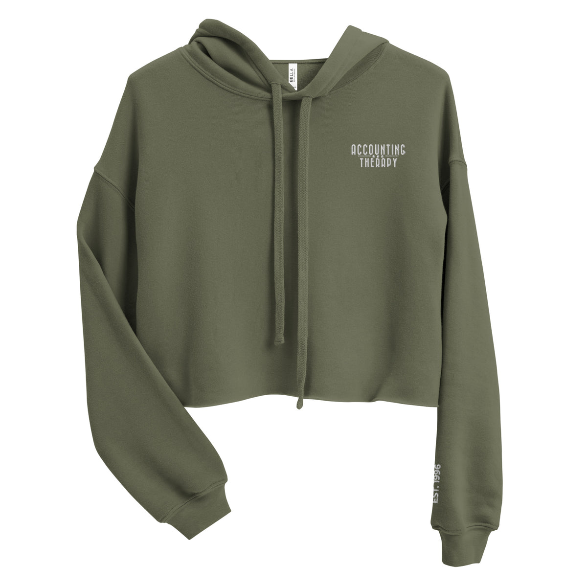 Product mockup - Front view of a women’s cropped hoodie in storm green color with drawstrings, long sleeves, and a raw hem