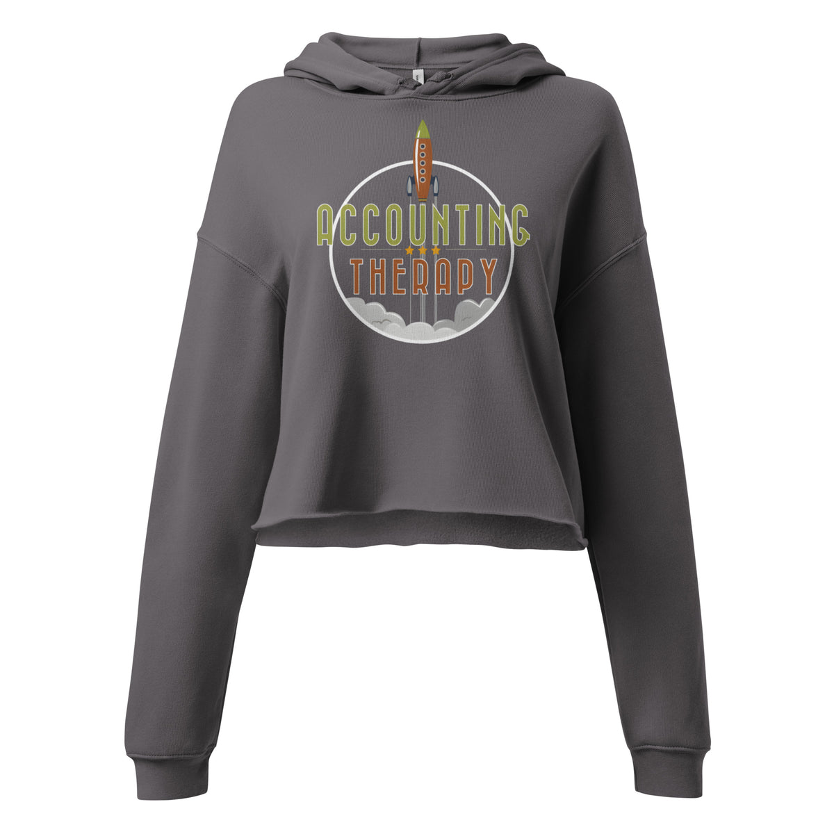 Product mockup - Front view of a women’s cropped hoodie in storm gray color with drawstrings, long sleeves, and a raw hem